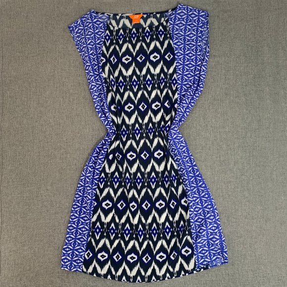 Joe Fresh Geometric Shift Dress Medium Blue Black & White Lightweight Belt Loops - Picture 1 of 14